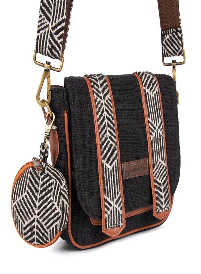BHASTRA Black Saddle Handloom Sling Bag with Dual Compartments & Jacquard Adjustable Detachable Strap | Compact Sling Bag with Front Pocket, Back Zip & Coin Pouch - Handloom Fabric Design - Image 3